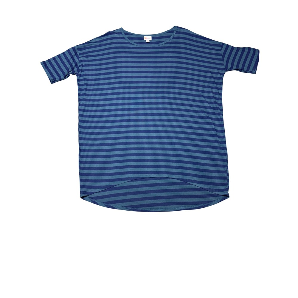 LuLaRoe Irma Tunic Top XL Blue Striped Ribbed Short Sleeve High Low Hem NWT‎